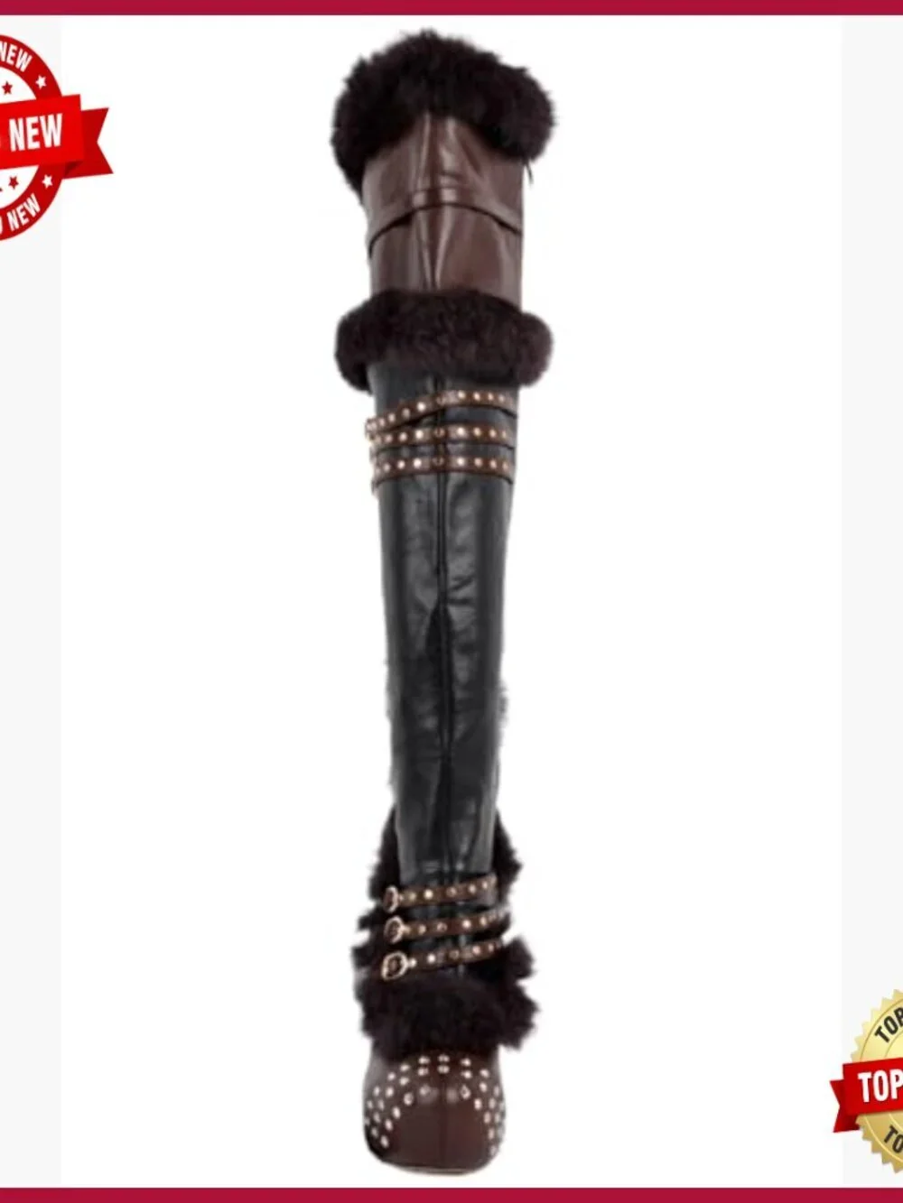 Platform Thigh High Boots Studded Faux Fur Buckles Stilettos High Heels